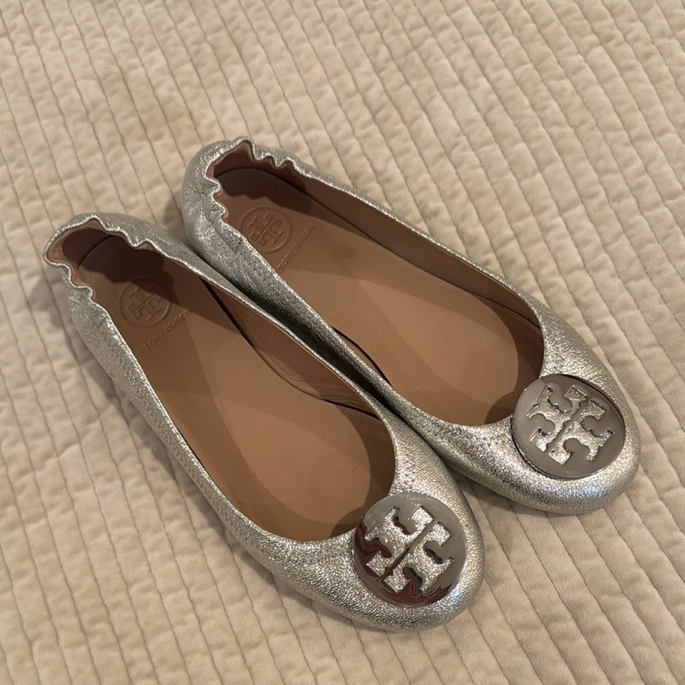 Tory Burch Silver Quilted Flats with Logo Medallion